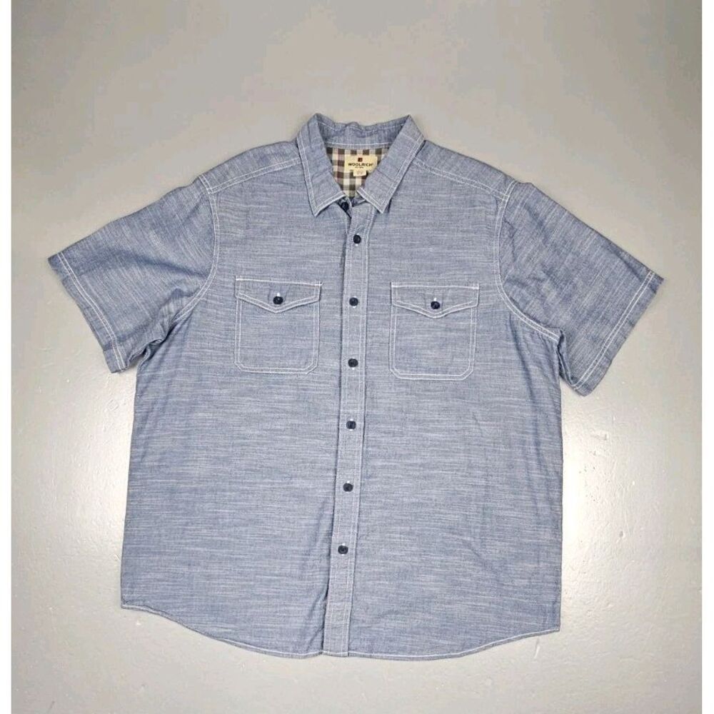 Woolrich Button Up Shirt Mens XL.‎ Blue Y2k Heathered Pockets White Stitch
